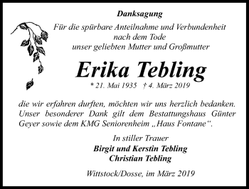 Traueranzeige von Erika Tebling von Märkischen Allgemeine Zeitung