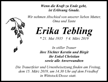 Traueranzeige von Erika Tebling von Märkischen Allgemeine Zeitung