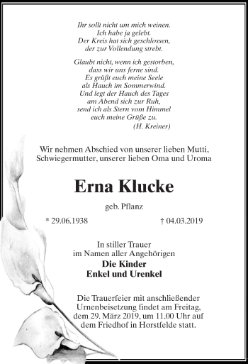 Traueranzeige von Erna Klucke von Märkischen Allgemeine Zeitung