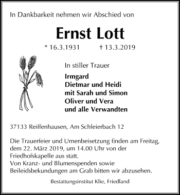 Traueranzeige von Ernst Lott von Göttinger Tageblatt