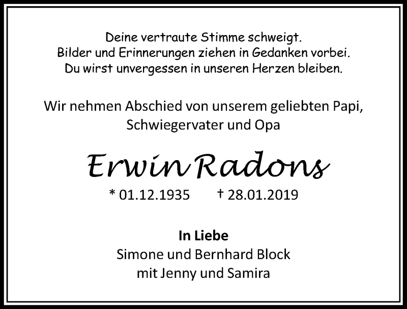  Traueranzeige für Erwin Radons vom 22.02.2019 aus Aller Zeitung