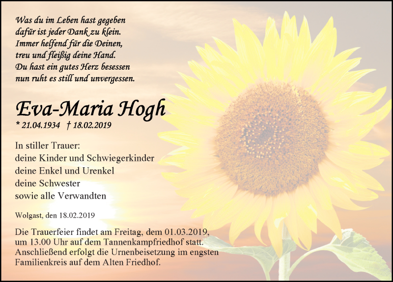 Traueranzeige für Eva-Maria  Hogh vom 23.02.2019 aus Ostsee-Zeitung GmbH