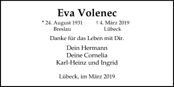Traueranzeige von Eva Volenec von Lübecker Nachrichten