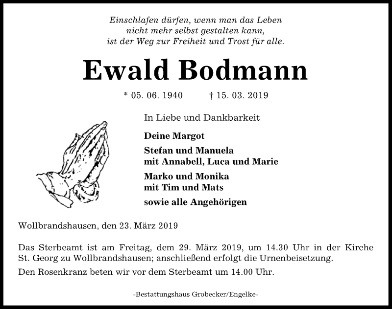  Traueranzeige für Ewald Bodmann vom 23.03.2019 aus Eichsfelder Tageblatt