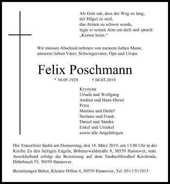 Traueranzeige von Felix Poschmann von Hannoversche Allgemeine Zeitung/Neue Presse