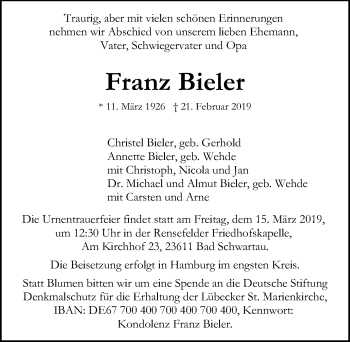 Traueranzeige von Franz Bieler von Lübecker Nachrichten