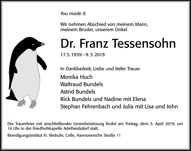  Traueranzeige für Franz Tessensohn vom 16.03.2019 aus Hannoversche Allgemeine Zeitung/Neue Presse
