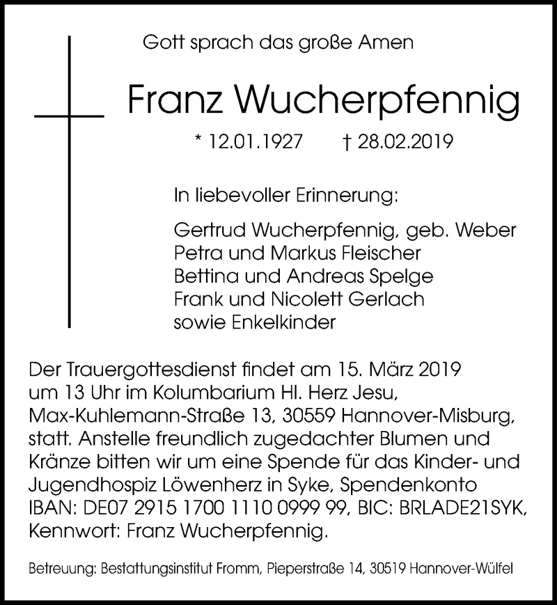  Traueranzeige für Franz Wucherpfennig vom 09.03.2019 aus Hannoversche Allgemeine Zeitung/Neue Presse