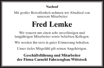 Traueranzeige von Fred Lemke von Märkischen Allgemeine Zeitung