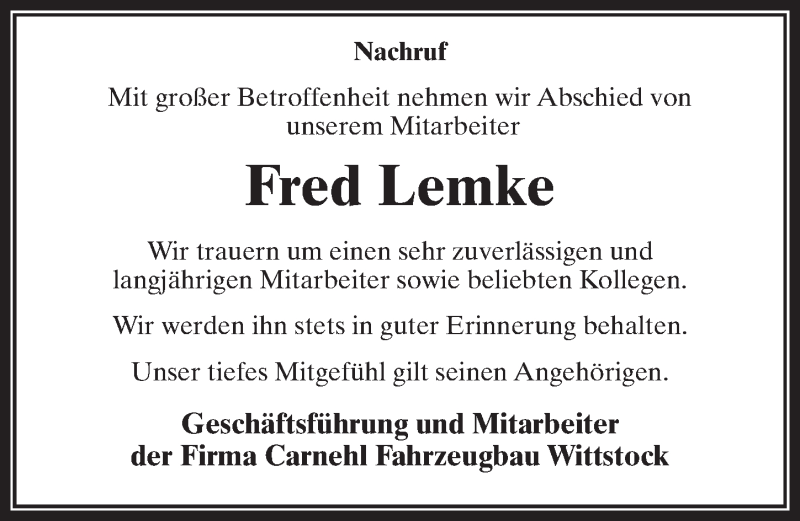  Traueranzeige für Fred Lemke vom 06.03.2019 aus Märkischen Allgemeine Zeitung