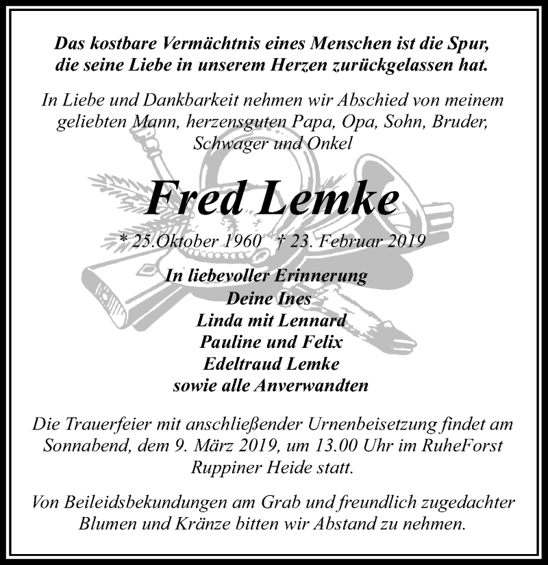 Traueranzeige für Fred Lemke vom 02.03.2019 aus Märkischen Allgemeine Zeitung
