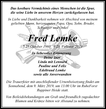 Traueranzeige von Fred Lemke von Märkischen Allgemeine Zeitung