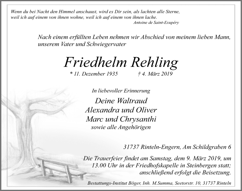  Traueranzeige für Friedhelm Rehling vom 07.03.2019 aus Schaumburger Nachrichten