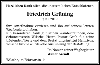 Traueranzeige von Friedrich Grüning von Aller Zeitung