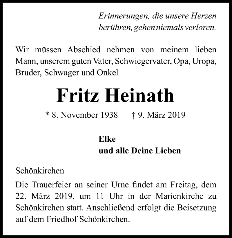  Traueranzeige für Fritz Heinath vom 20.03.2019 aus Kieler Nachrichten