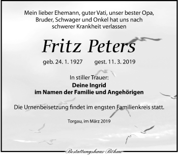 Traueranzeige von Fritz Peters von Torgauer Zeitung