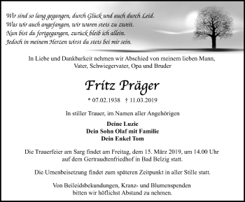 Traueranzeige von Fritz Präger von Märkischen Allgemeine Zeitung