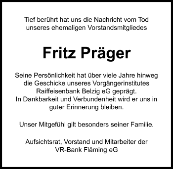 Traueranzeige von Fritz Präger von Märkischen Allgemeine Zeitung