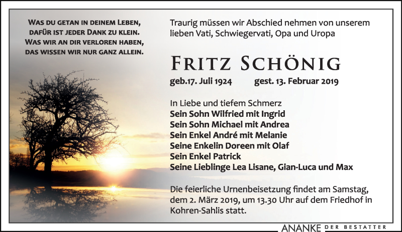  Traueranzeige für Fritz Schönig vom 23.02.2019 aus Leipziger Volkszeitung