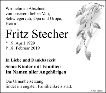 Traueranzeige von Fritz Stecher von Leipziger Volkszeitung