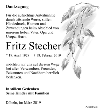 Traueranzeige von Fritz Stecher von Leipziger Volkszeitung