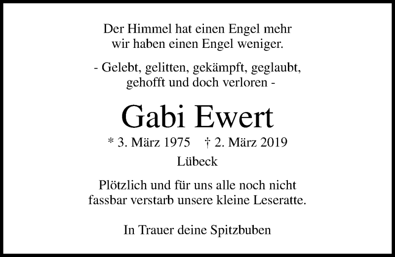  Traueranzeige für Gabi Ewert vom 10.03.2019 aus Lübecker Nachrichten