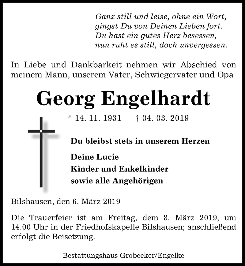  Traueranzeige für Georg Engelhardt vom 06.03.2019 aus Eichsfelder Tageblatt