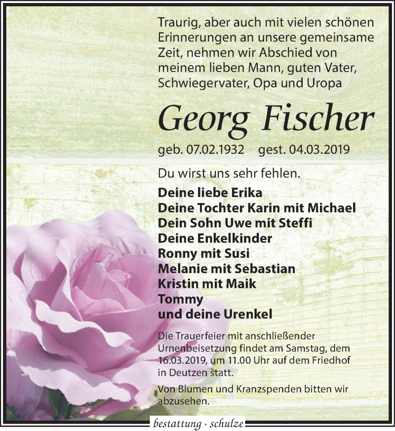  Traueranzeige für Georg Fischer vom 09.03.2019 aus Leipziger Volkszeitung