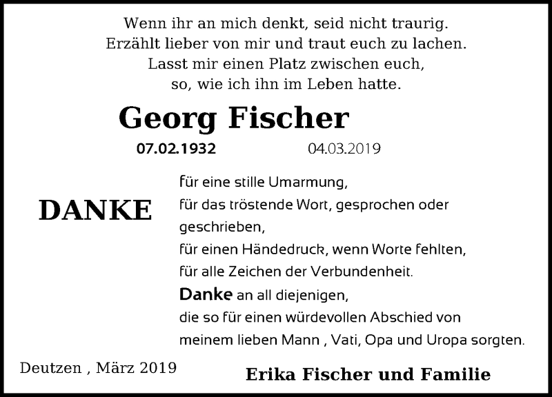  Traueranzeige für Georg Fischer vom 23.03.2019 aus Leipziger Volkszeitung