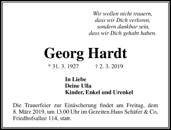 Traueranzeige von Georg Hardt von Lübecker Nachrichten