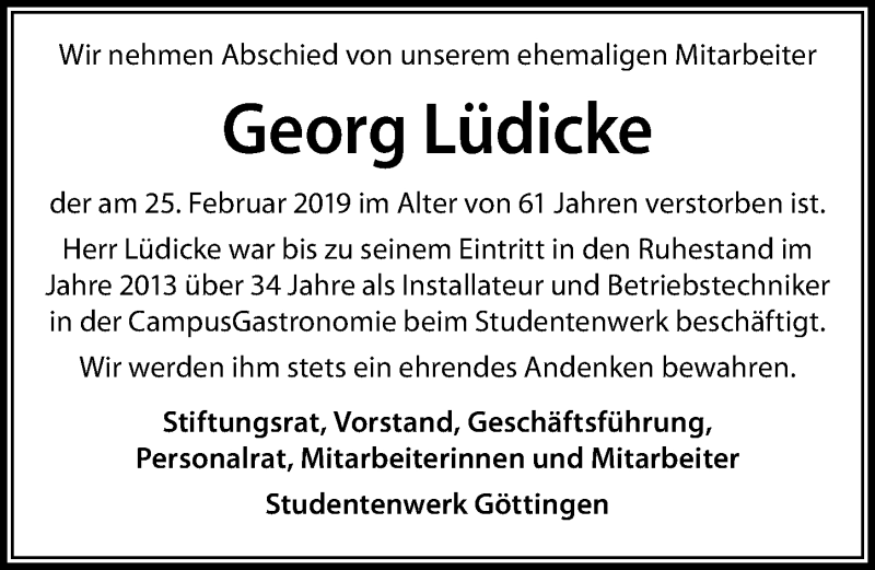  Traueranzeige für Georg Lüdicke vom 09.03.2019 aus Göttinger Tageblatt