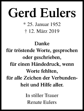 Traueranzeige von Gerd Eulers von Lübecker Nachrichten