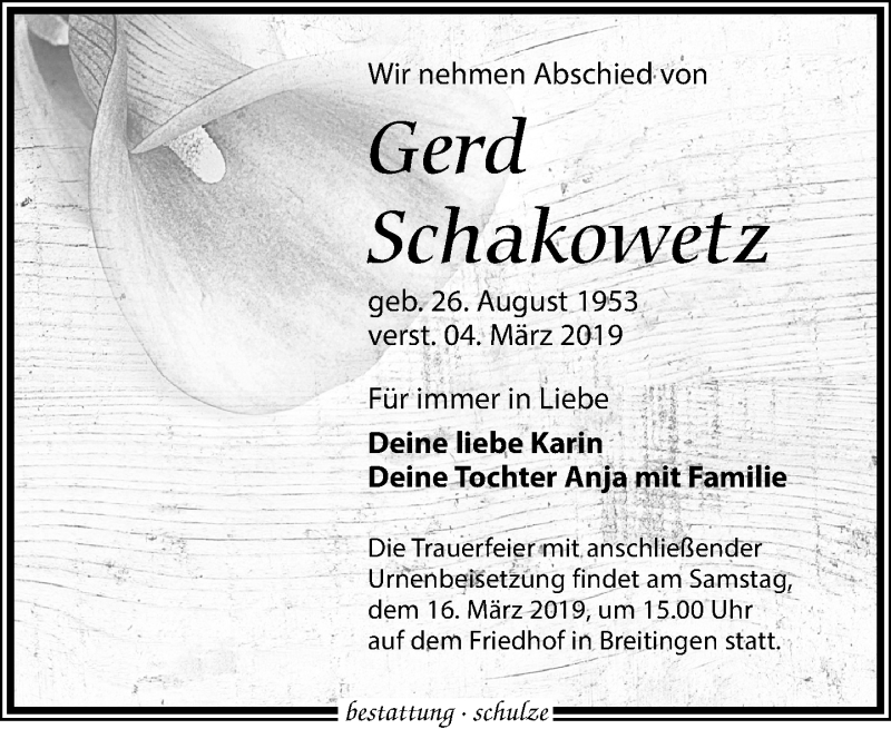  Traueranzeige für Gerd Schakowetz vom 09.03.2019 aus Leipziger Volkszeitung