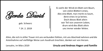 Traueranzeige von Gerda David von Lübecker Nachrichten