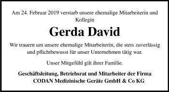 Traueranzeige von Gerda David von Lübecker Nachrichten