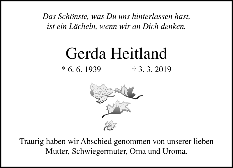  Traueranzeige für Gerda Heitland vom 24.03.2019 aus Lübecker Nachrichten