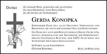 Traueranzeige von Gerda Konopka von Ostsee-Zeitung GmbH