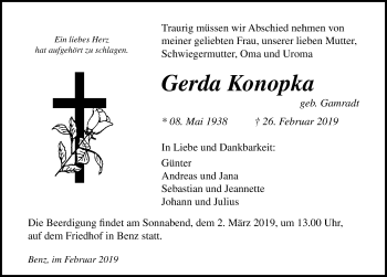 Traueranzeige von Gerda Konopka von Ostsee-Zeitung GmbH