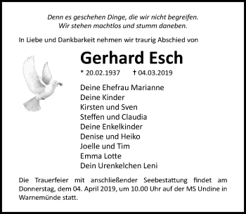 Traueranzeige von Gerhard Esch von Ostsee-Zeitung GmbH