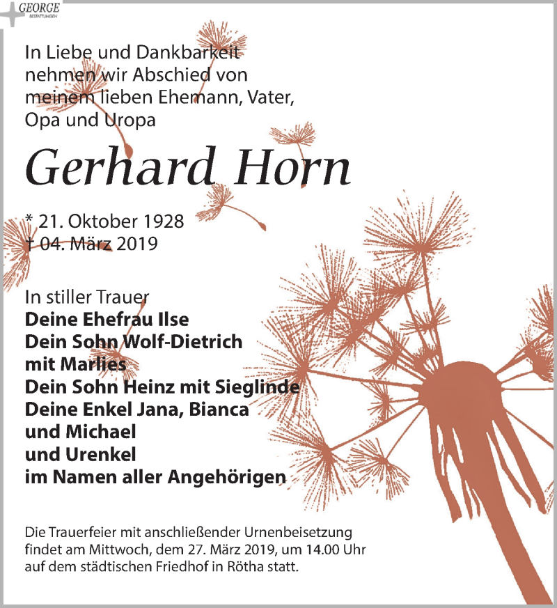  Traueranzeige für Gerhard Horn vom 16.03.2019 aus Leipziger Volkszeitung