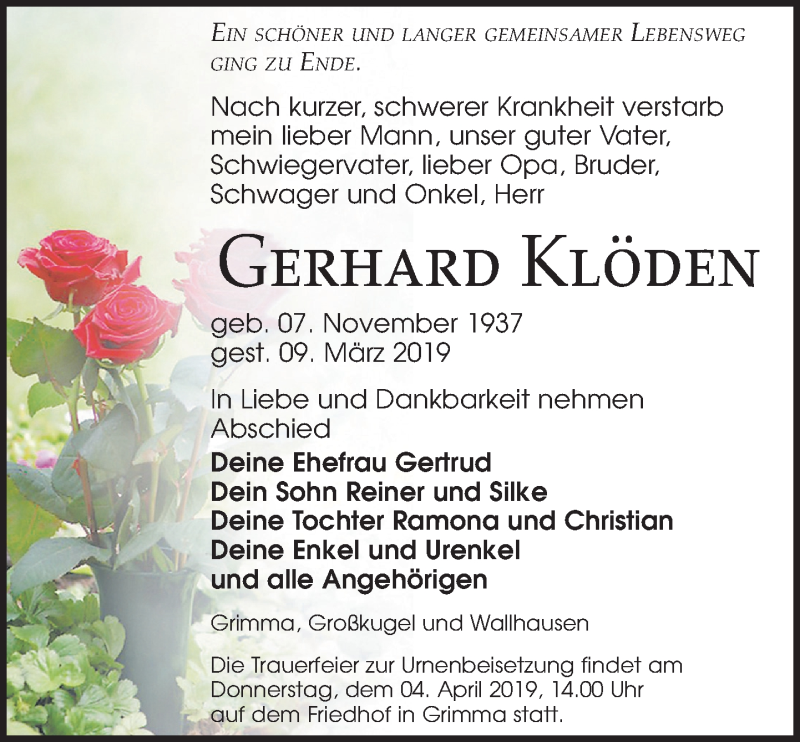  Traueranzeige für Gerhard Klöden vom 23.03.2019 aus Leipziger Volkszeitung