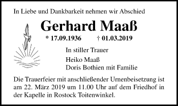 Traueranzeige von Gerhard Maaß von Ostsee-Zeitung GmbH