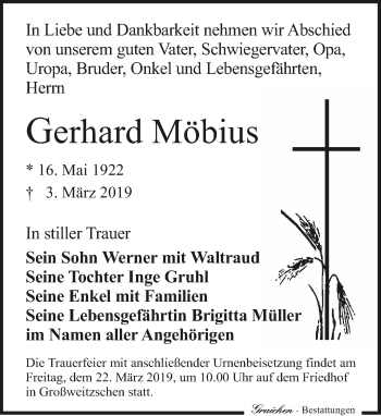 Traueranzeige von Gerhard Möbius von Leipziger Volkszeitung