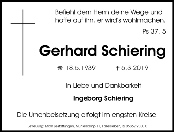 Traueranzeige von Gerhard Schiering von Aller Zeitung
