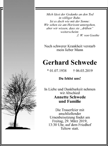 Traueranzeige von Gerhard Schwede von Märkischen Allgemeine Zeitung