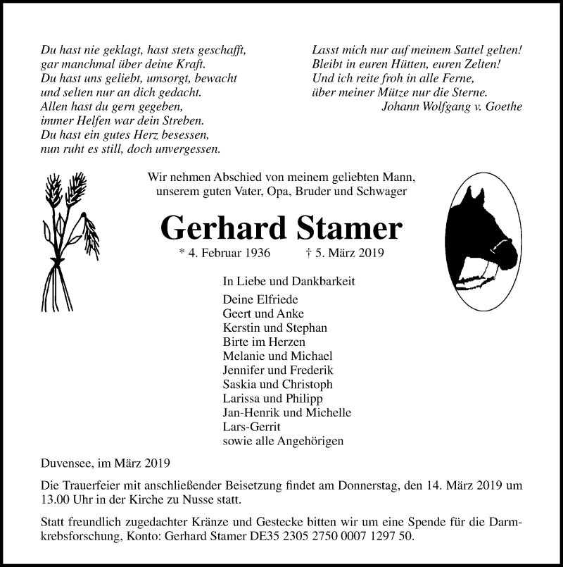  Traueranzeige für Gerhard Stamer vom 10.03.2019 aus Lübecker Nachrichten