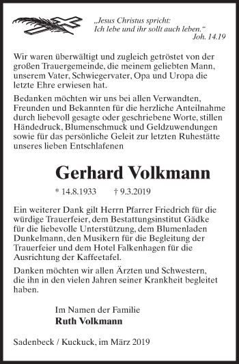 Traueranzeige von Gerhard Volkmann von Märkischen Allgemeine Zeitung
