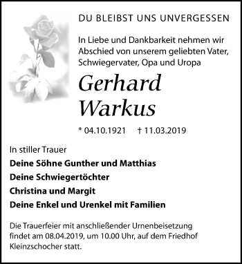 Traueranzeige von Gerhard Warkus von Leipziger Volkszeitung