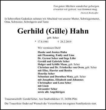 Traueranzeige von Gerhild Hahn von Kieler Nachrichten