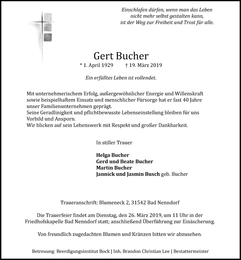  Traueranzeige für Gert Bucher vom 23.03.2019 aus Schaumburger Nachrichten